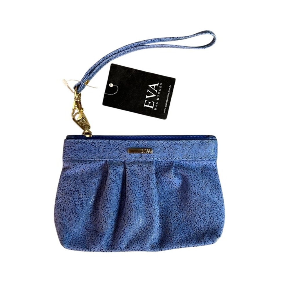 NWT EVA Bag & Shoes Blue Textured Pleated Wristlet Clutch Gold Tone Hardware NEW